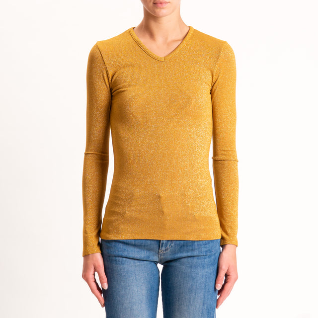 Zeroassoluto-T-shirt scollo v con lurex - Senape