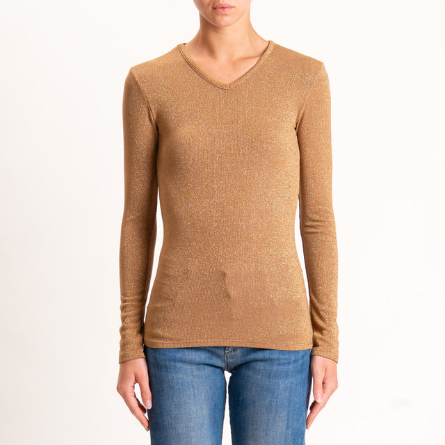 Zeroassoluto-T-shirt scollo v con lurex - tabacco