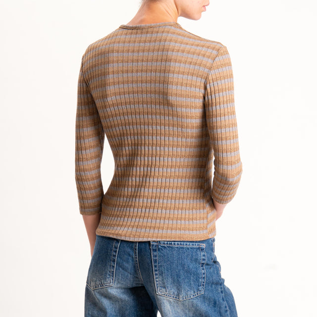 Zeroassoluto-Maglia costine a righe in lurex - camel/grigio