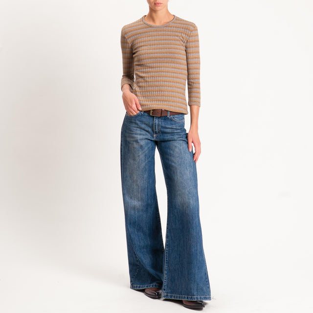 Zeroassoluto-Maglia costine a righe in lurex - camel/grigio