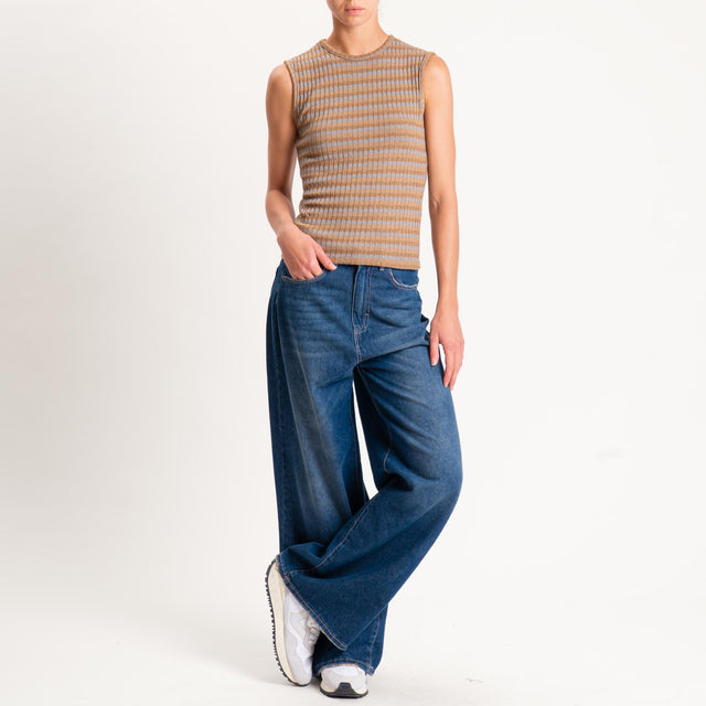 Zeroassoluto-Top costine a righe in lurex - camel/grigio