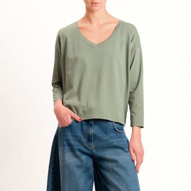 Zeroassoluto-T-shirt scatola scollo v elasticizzato - militare