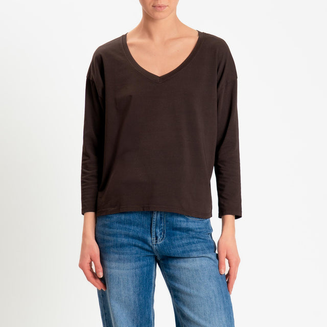 Zeroassoluto-T-shirt scatola scollo v elasticizzato - moro