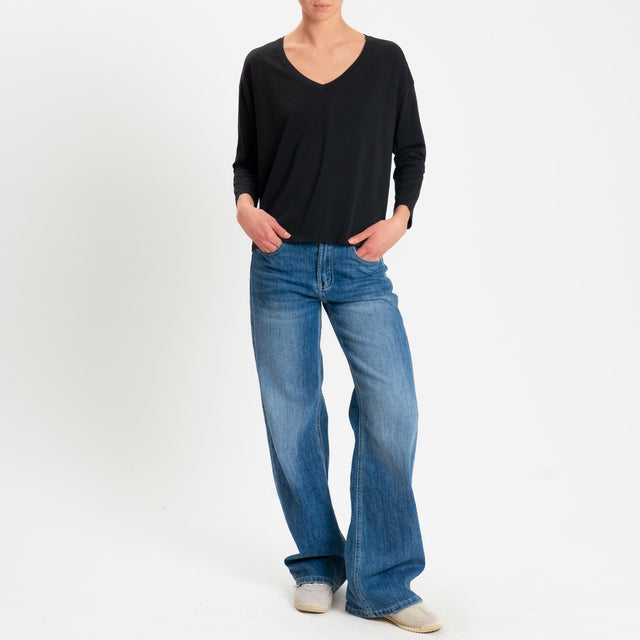 Zeroassoluto-T-shirt scatola scollo v elasticizzato - nero