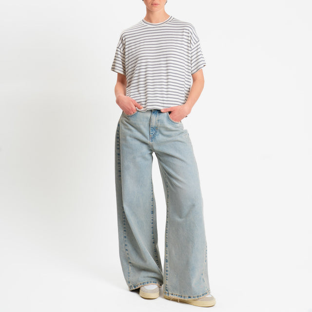 Zeroassoluto-T-shirt girocollo a righe in jersey elasticizzato - panna/moro