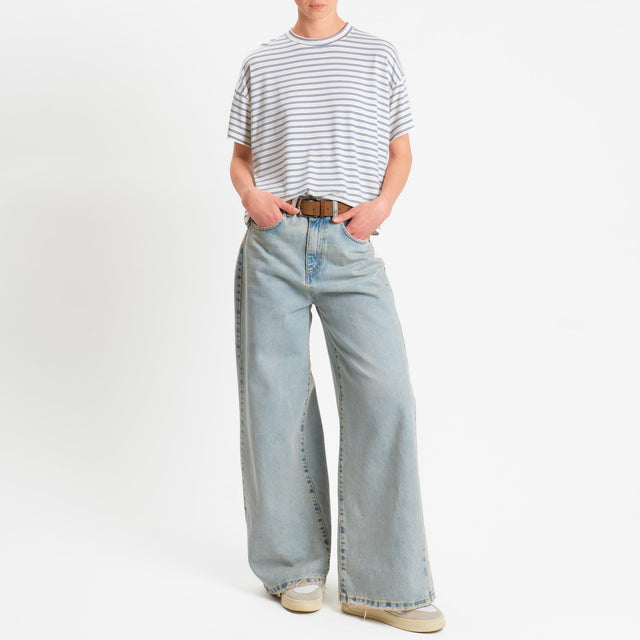 Zeroassoluto-T-shirt girocollo a righe in jersey elasticizzato - panna/jeans