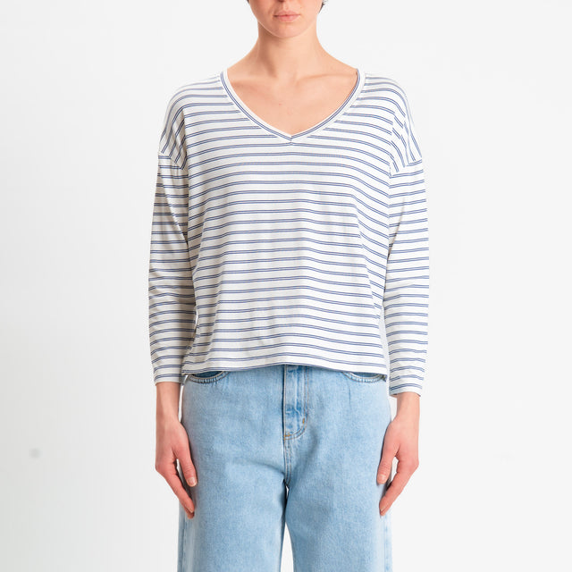 Zeroassoluto-T-shirt scatola a righe scollo v in jersey elasticizzato - panna/jeans