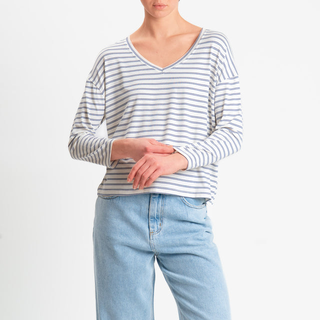 Zeroassoluto-T-shirt scatola a righe scollo v in jersey elasticizzato - panna/jeans