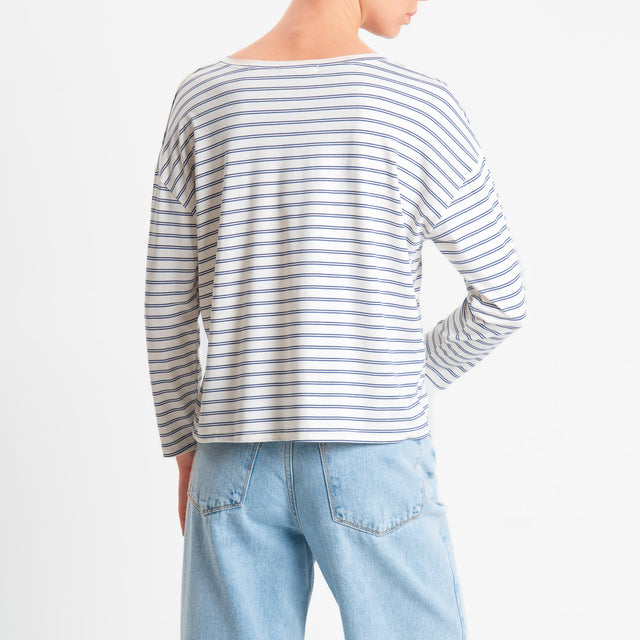Zeroassoluto-T-shirt scatola a righe scollo v in jersey elasticizzato - panna/jeans