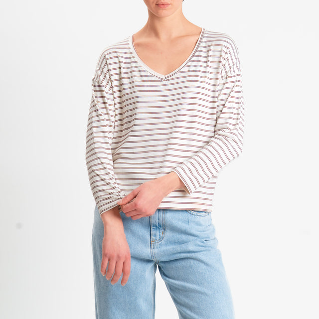 Zeroassoluto-T-shirt scatola a righe scollo v in jersey elasticizzato - panna/cuoio