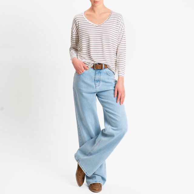 Zeroassoluto-T-shirt scatola a righe scollo v in jersey elasticizzato - panna/cuoio