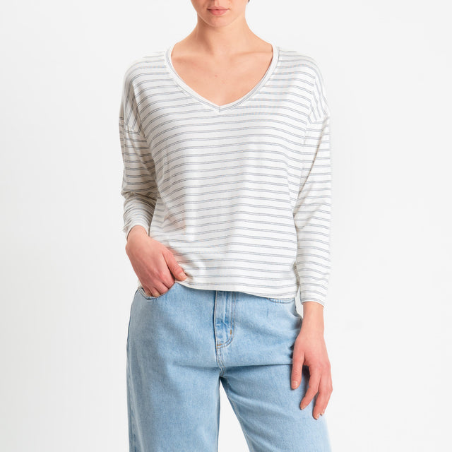 Zeroassoluto-T-shirt scatola a righe scollo v in jersey elasticizzato - panna/grigio melange