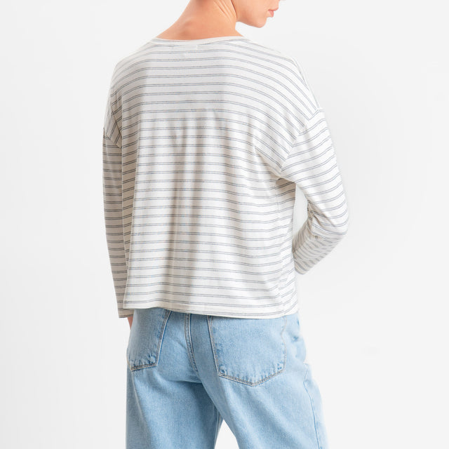 Zeroassoluto-T-shirt scatola a righe scollo v in jersey elasticizzato - panna/grigio melange
