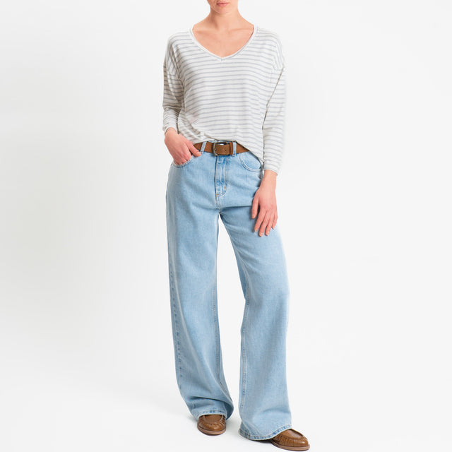 Zeroassoluto-T-shirt scatola a righe scollo v in jersey elasticizzato - panna/grigio melange