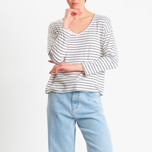 Zeroassoluto-T-shirt scatola a righe scollo v in jersey elasticizzato - panna/moro
