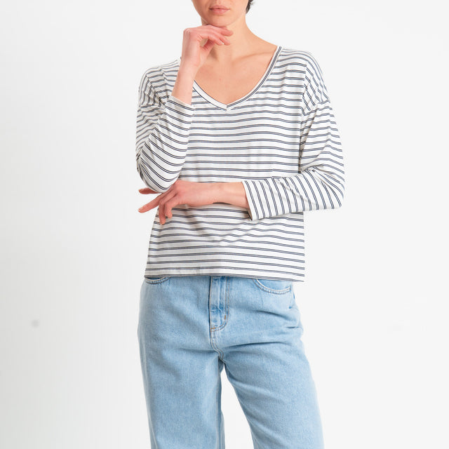 Zeroassoluto-T-shirt scatola a righe scollo v in jersey elasticizzato - panna/nero