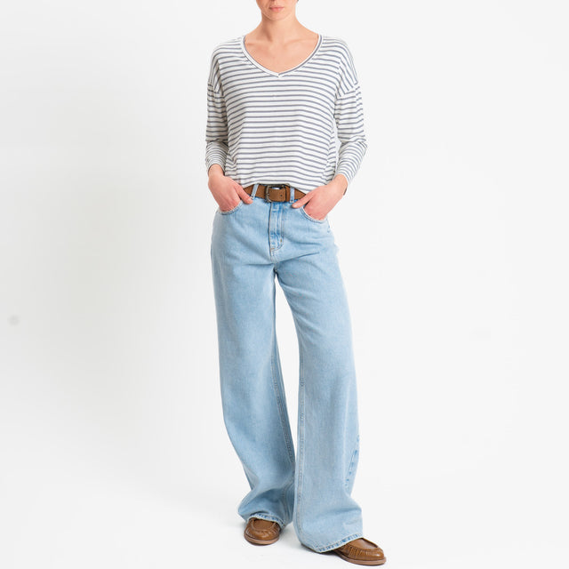 Zeroassoluto-T-shirt scatola a righe scollo v in jersey elasticizzato - panna/nero