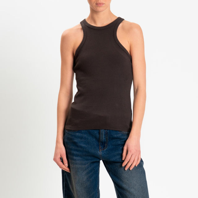 Zeroassoluto- Top a costine scollo halter cotone elasticizzato - moro