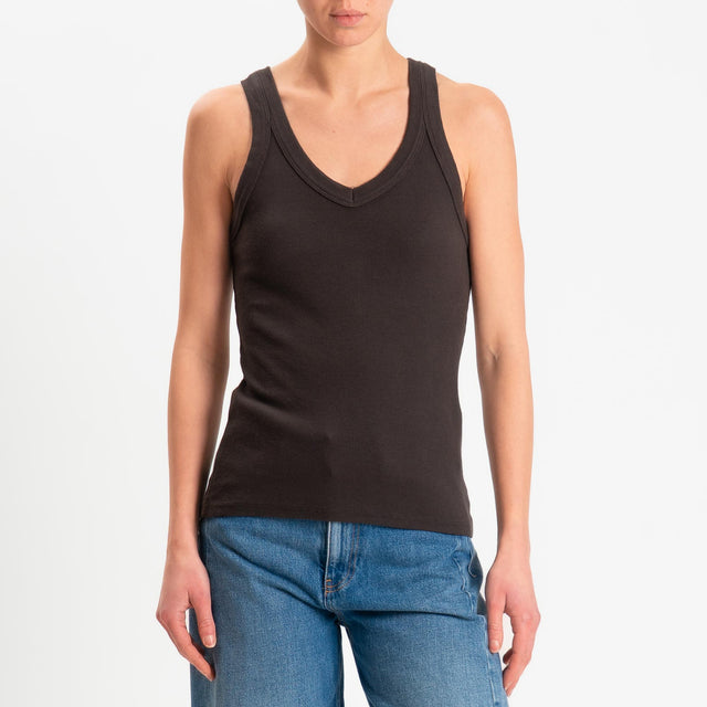 Zeroassoluto-Top a costine scollo v cotone elasticizzato - moro