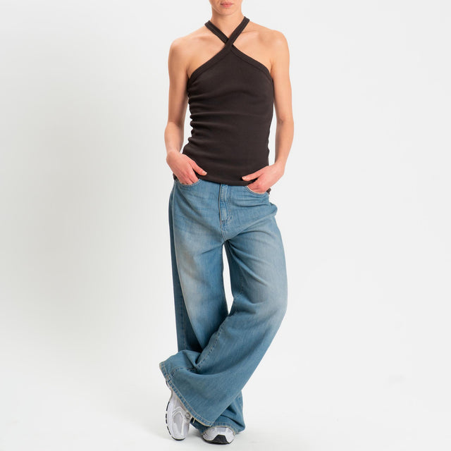 Zeroassoluto- Top a costine scollo incrociato cotone elasticizzato - moro