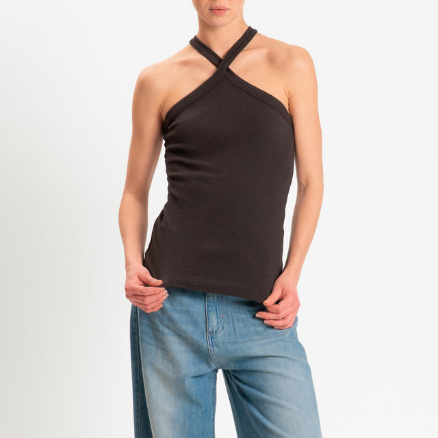 Zeroassoluto- Top a costine scollo incrociato cotone elasticizzato - moro