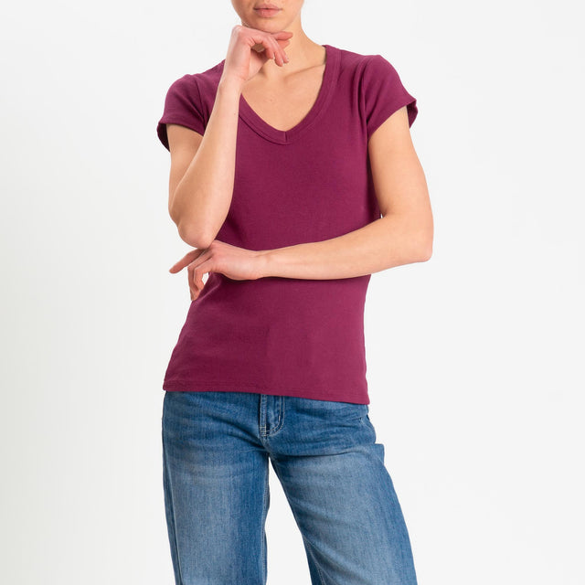 Zeroassoluto- T-shirt a costine scollo v cotone elasticizzato - berry