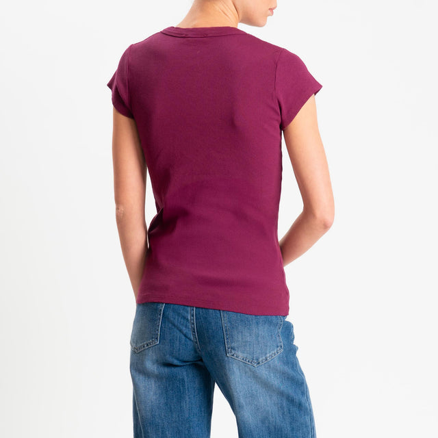 Zeroassoluto- T-shirt a costine scollo v cotone elasticizzato - berry