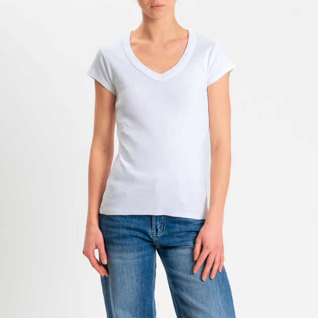 Zeroassoluto- T-shirt a costine scollo v cotone elasticizzato - Bianco