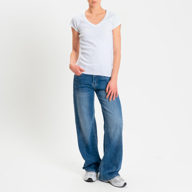 Zeroassoluto- T-shirt a costine scollo v cotone elasticizzato - Bianco