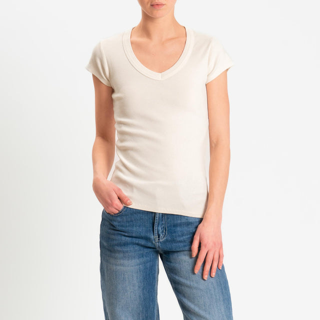 Zeroassoluto- T-shirt a costine scollo v cotone elasticizzato - burro