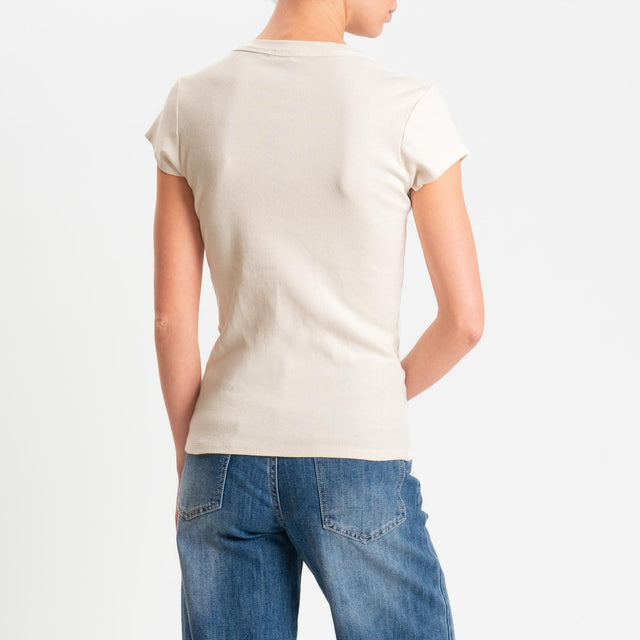 Zeroassoluto- T-shirt a costine scollo v cotone elasticizzato - burro