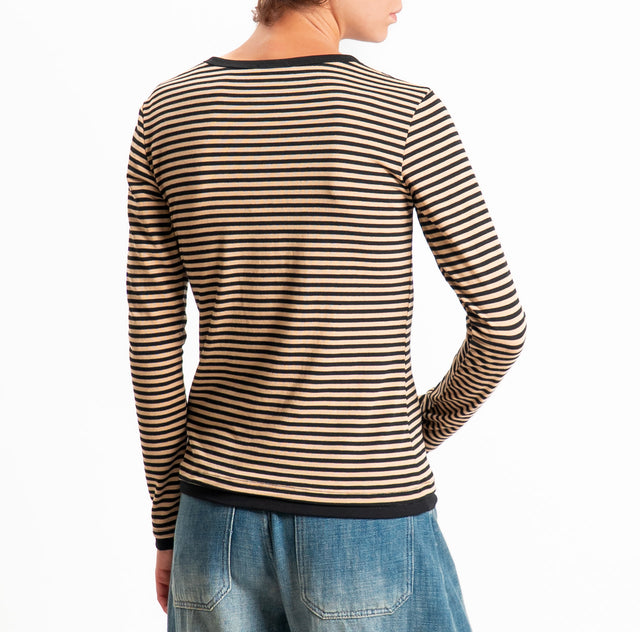 Zeroassoluto-Maglia serafino righe in jersey - beige/nero