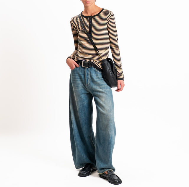 Zeroassoluto-Maglia serafino righe in jersey - beige/nero