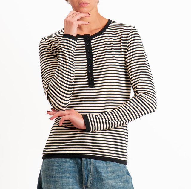 Zeroassoluto-Maglia serafino righe in jersey - burro/nero