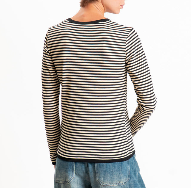 Zeroassoluto-Maglia serafino righe in jersey - burro/nero