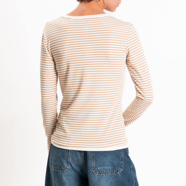 Zeroassoluto-Maglia serafino righe in jersey - panna/beige