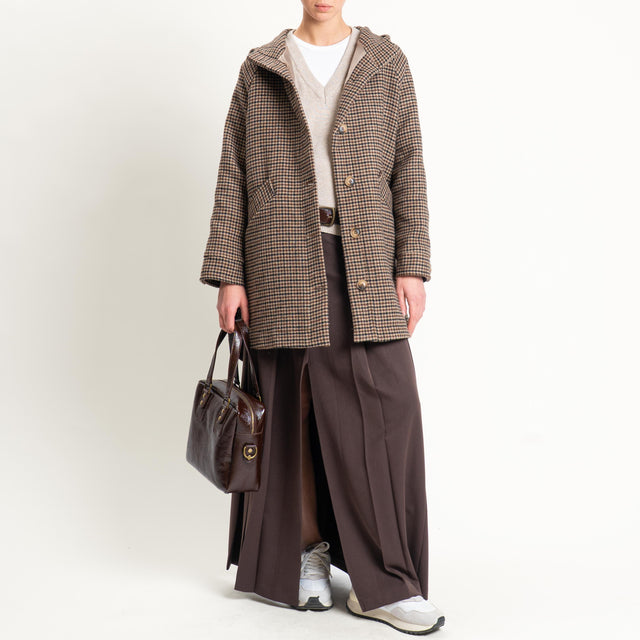 Zeroassoluto-Cappotto pied de poule misto lana con cappuccio - moro/sand/nero