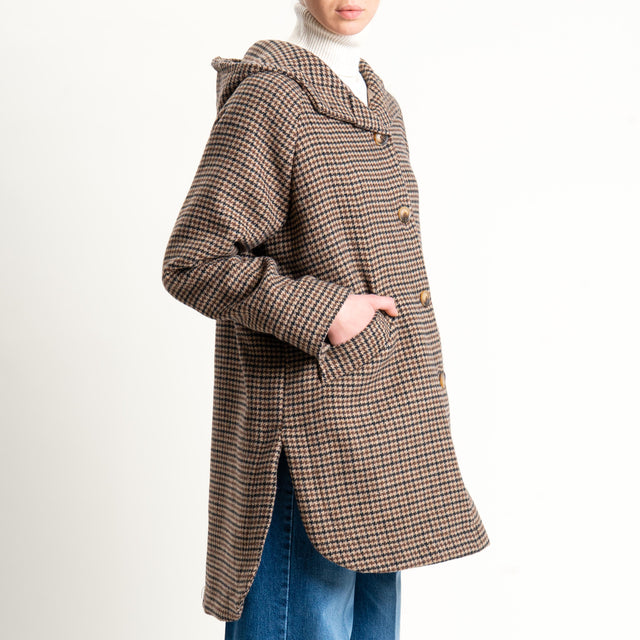 Zeroassoluto-Cappotto pied de poule misto lana con cappuccio - moro/sand/nero