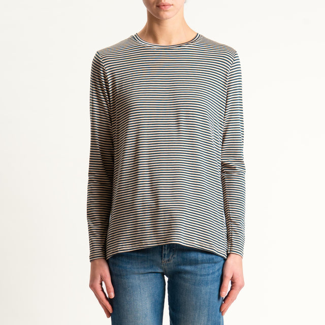 Zeroassoluto-T-shirt girocollo righe in jersey - beige/verde bottiglia