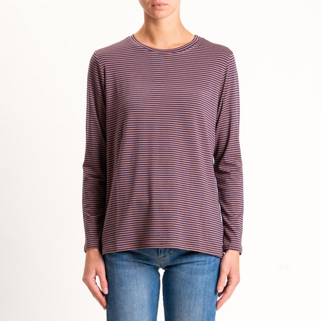 Zeroassoluto-T-shirt girocollo righe in jersey - cuoio/blu