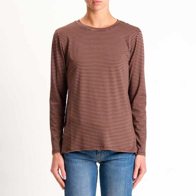 Zeroassoluto-T-shirt girocollo righe in jersey - cuoio/moro