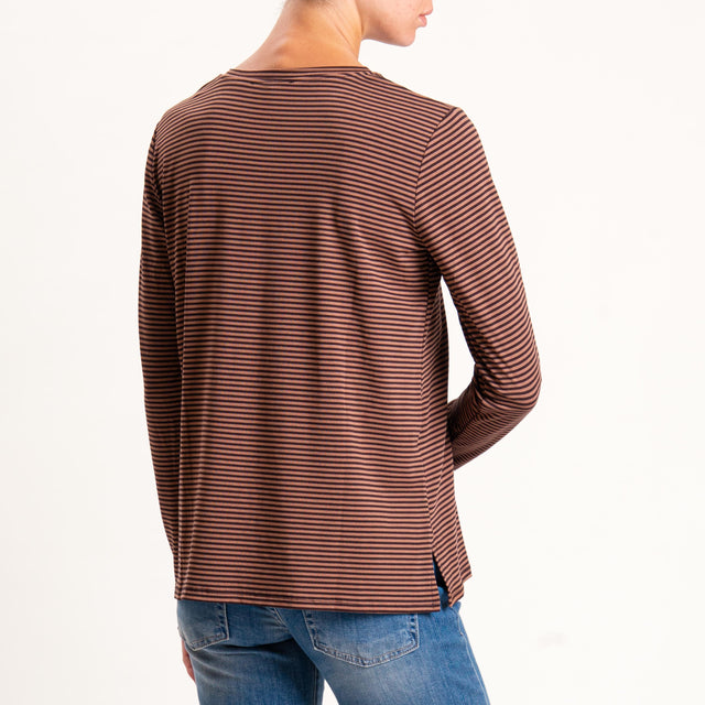 Zeroassoluto-T-shirt girocollo righe in jersey - cuoio/moro
