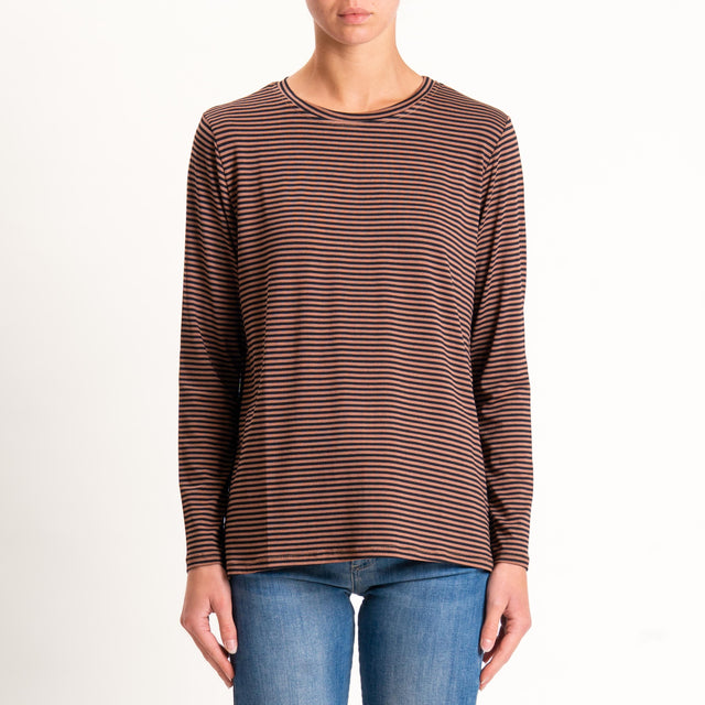 Zeroassoluto-T-shirt girocollo righe in jersey - cuoio/nero