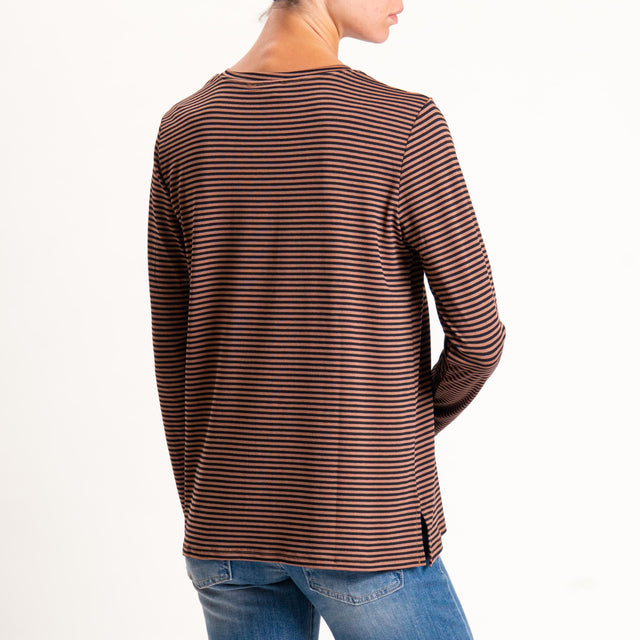 Zeroassoluto-T-shirt girocollo righe in jersey - cuoio/nero