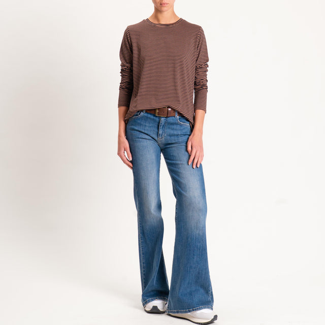Zeroassoluto-T-shirt girocollo righe in jersey - cuoio/nero