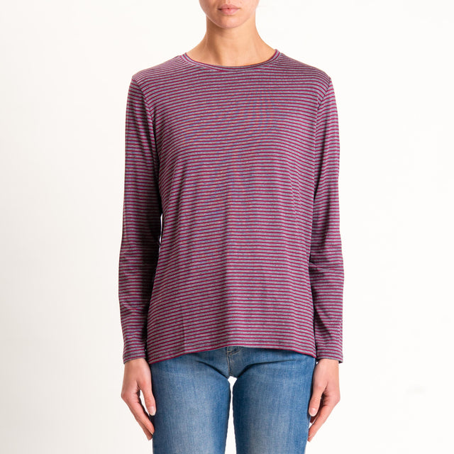 Zeroassoluto-T-shirt girocollo righe in jersey - vino/grigio melange
