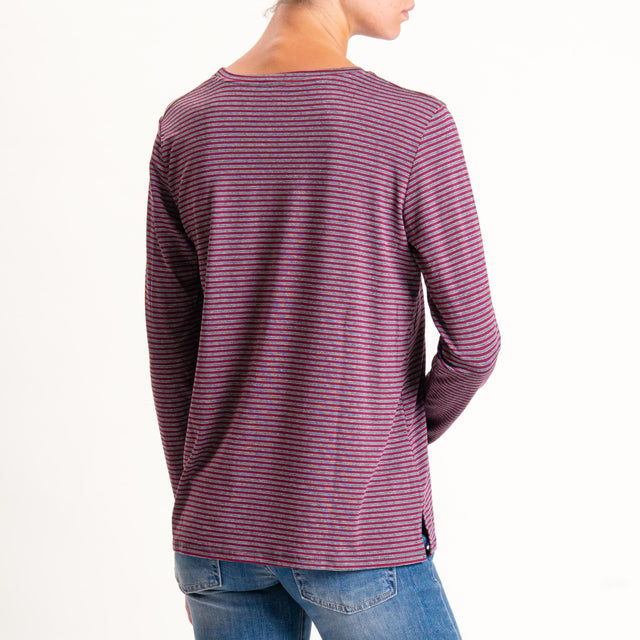 Zeroassoluto-T-shirt girocollo righe in jersey - vino/grigio melange