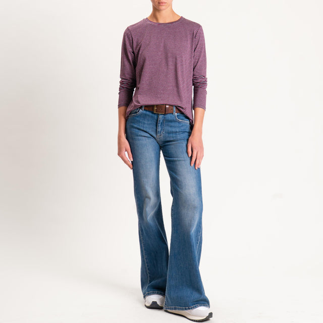 Zeroassoluto-T-shirt girocollo righe in jersey - vino/grigio melange