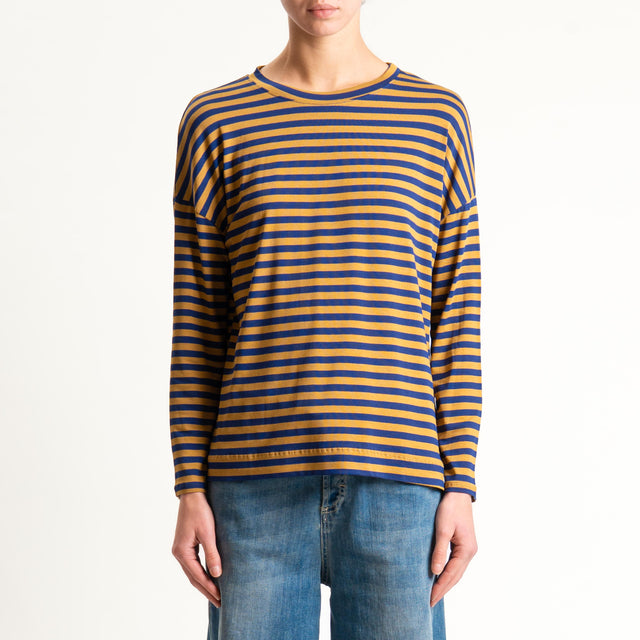 Zeroassoluto- T-shirt a righe scatola in jersey - blu/cuoio