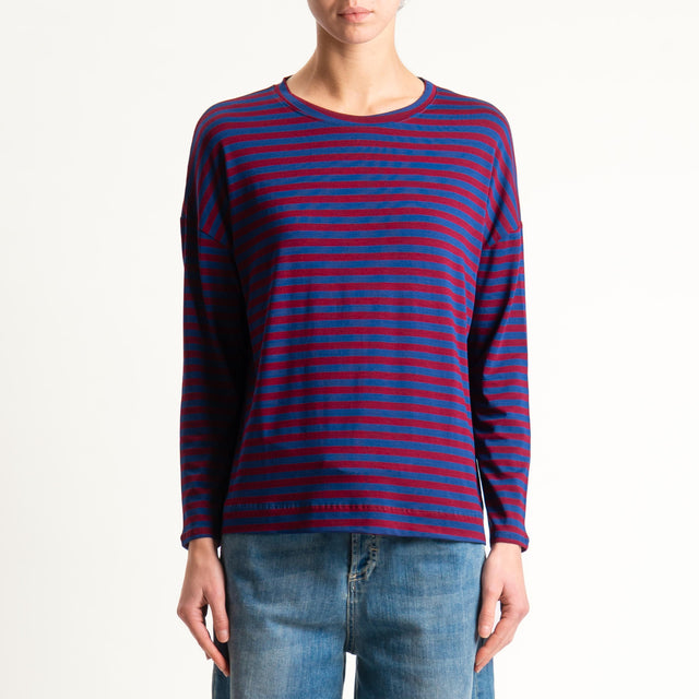 Zeroassoluto- T-shirt a righe scatola in jersey - blu/vino